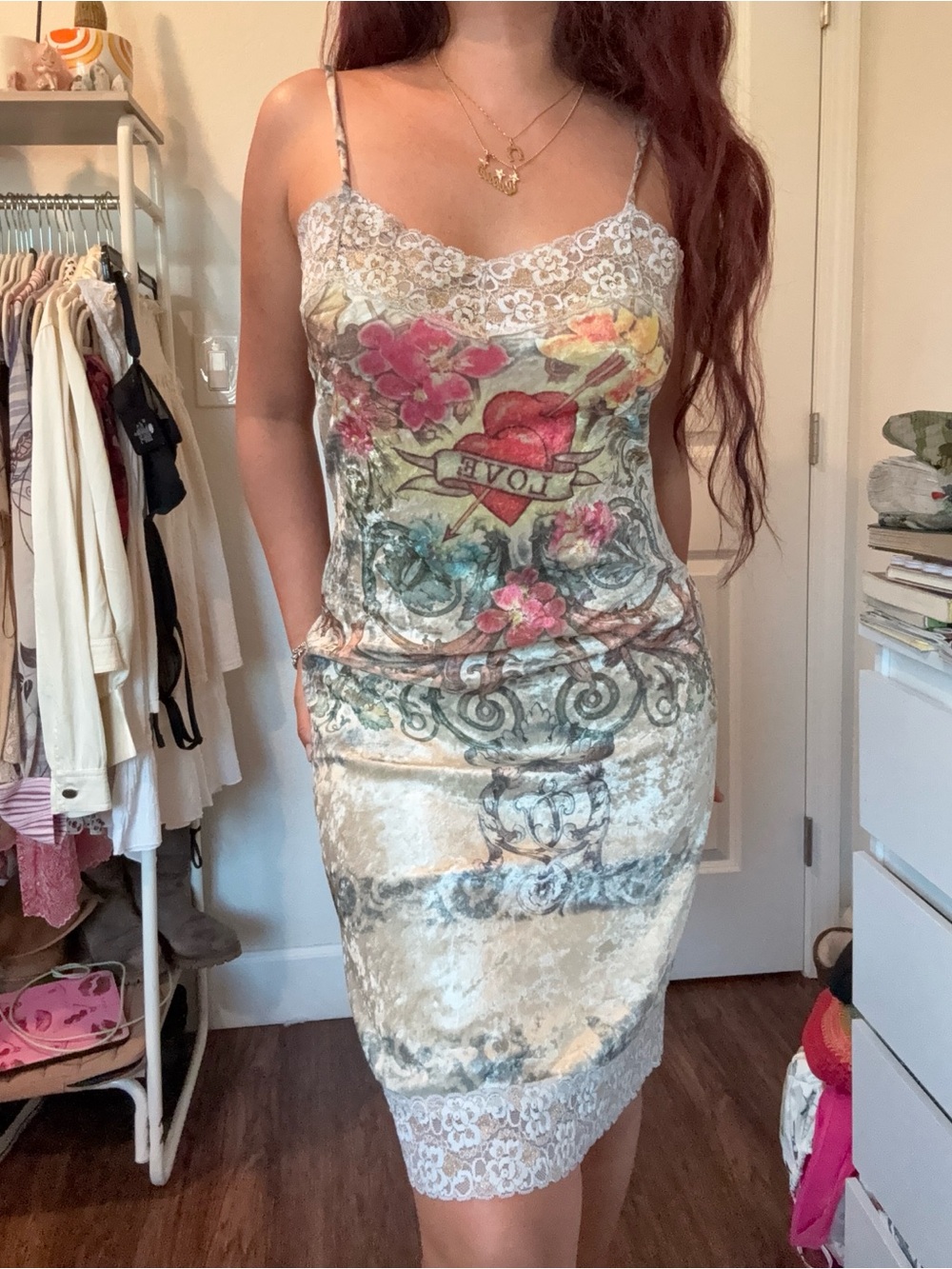 Floral 'Love' Lace Trim Slip Dress in Cream with Multi-Color Print
